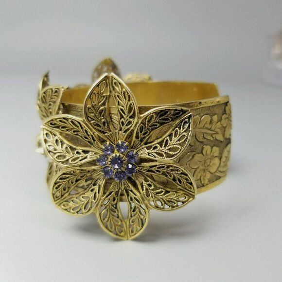 Vintage Blue Green Rhinestone Flower Filigree Cuff Bangle Bracelet, Gold Tone - Picture 4 of 9